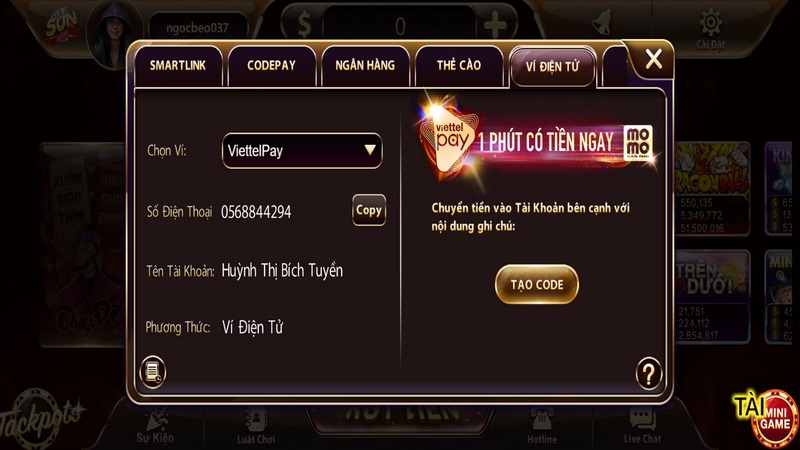 Chuyển tiền ví game Sunwin thông qua ứng dụng Momo